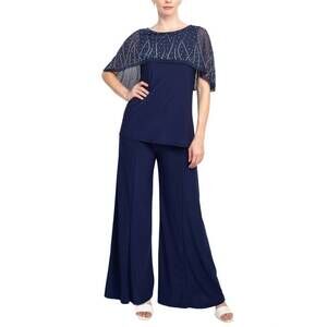 NEW MARINA boat neck embellished capelet sleeve top & wide leg pant set in navy
